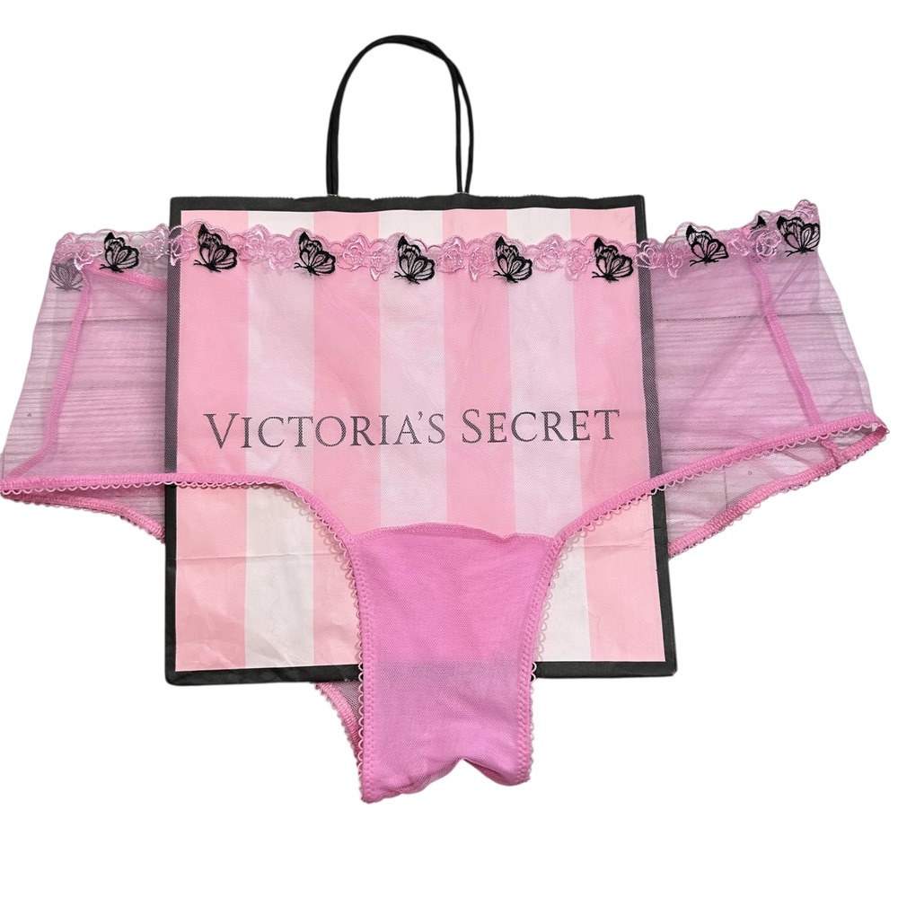 NEW Victoria's Secret Pink Cheeky Panty Lace‎ Butterfly Mesh L Sheer High Rise